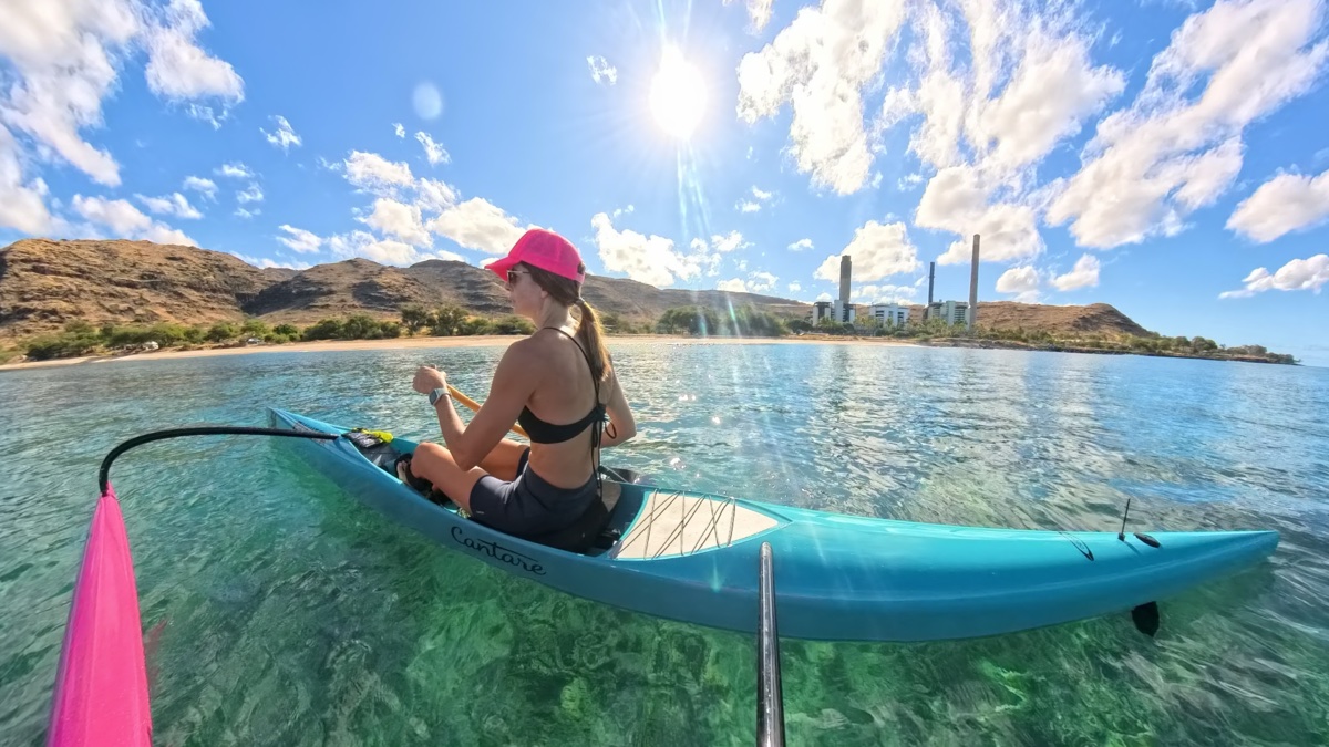 Syndi OC1 outrigger canoe on open water, Oahu Hawaii